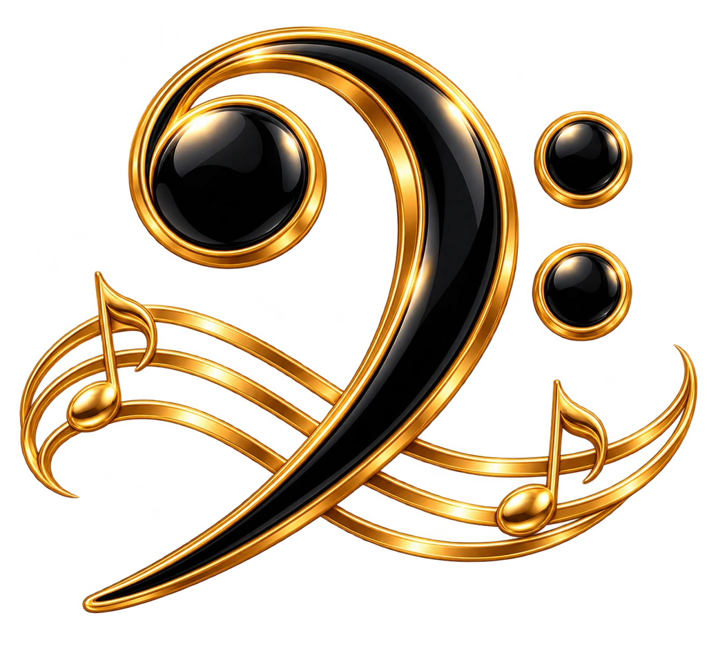 Flowing bass clef · Black and gold